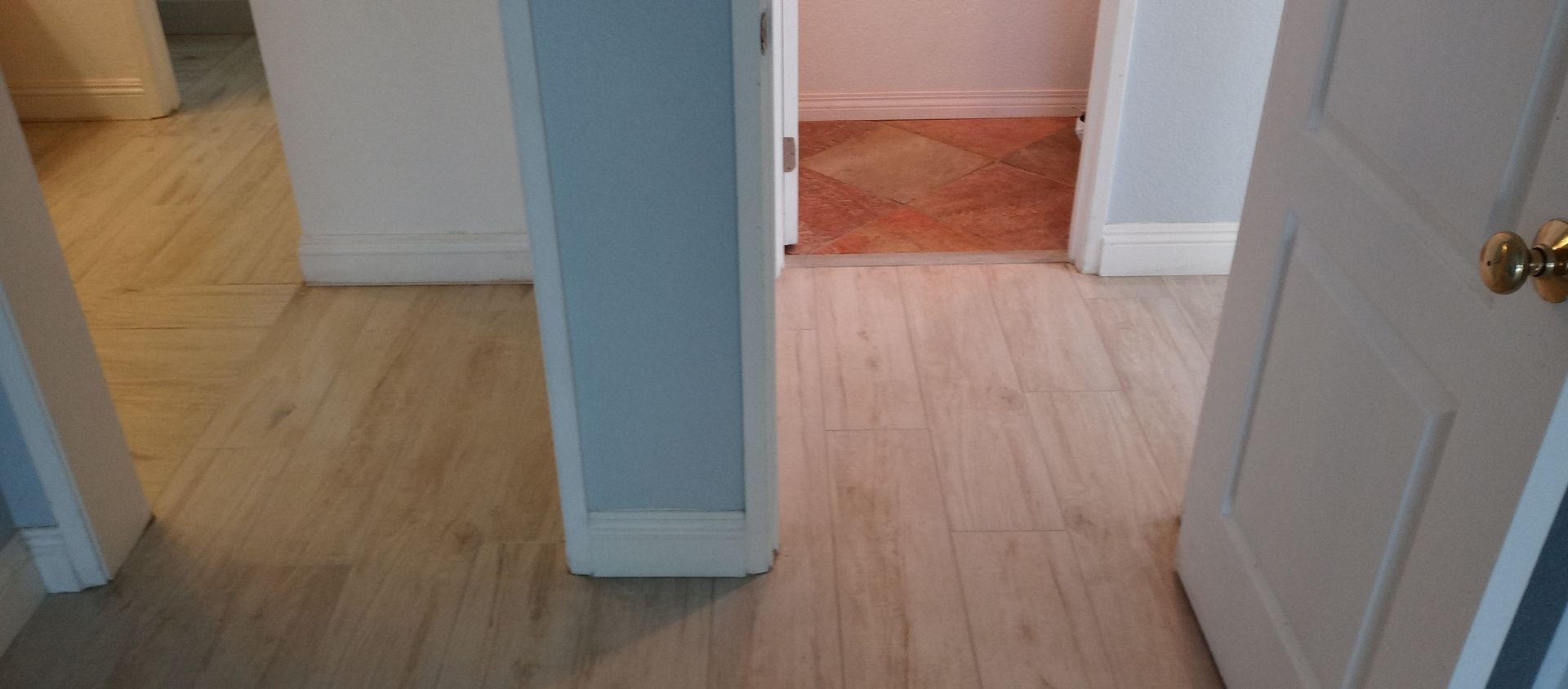 A hallway with hardwood floors and a door between two rooms.