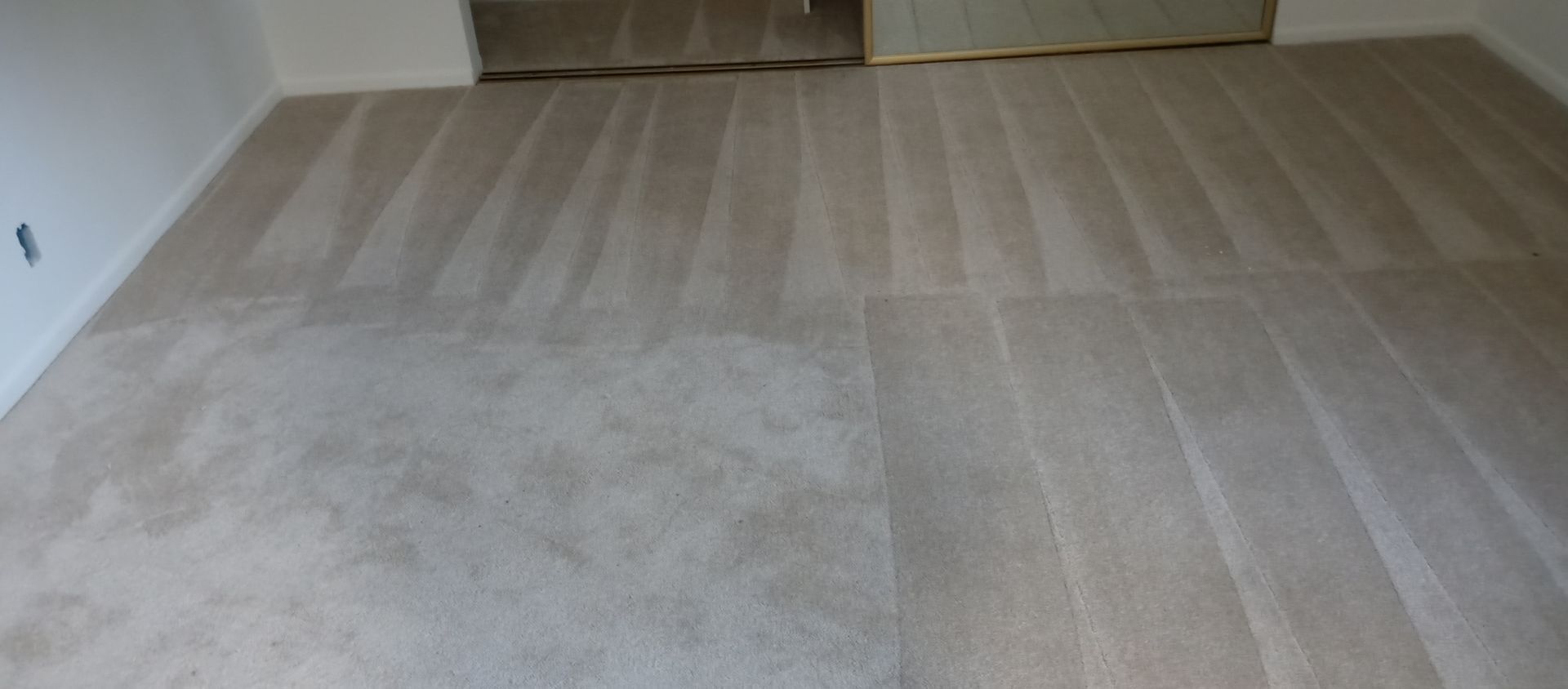 A room with a carpeted floor and a wooden floor.