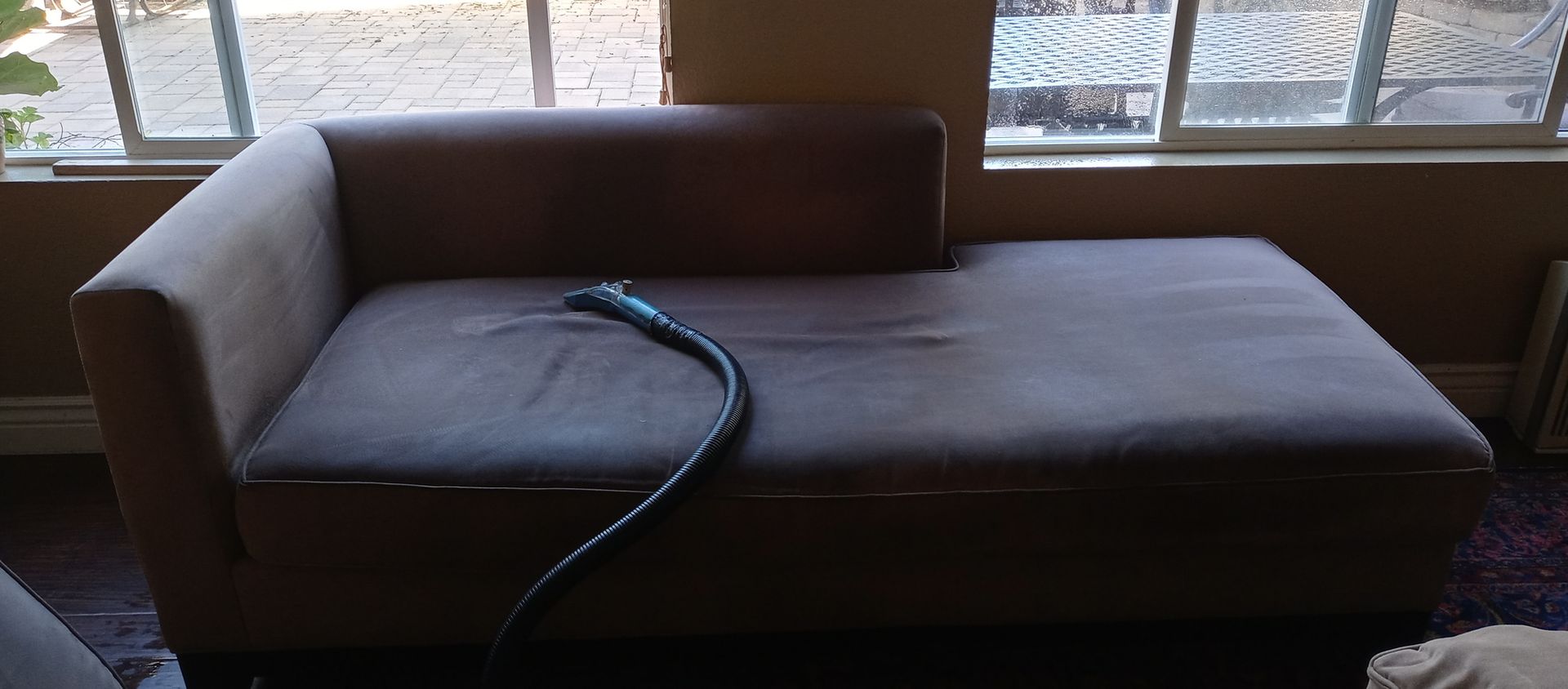 A couch is being cleaned with a vacuum cleaner in a living room.