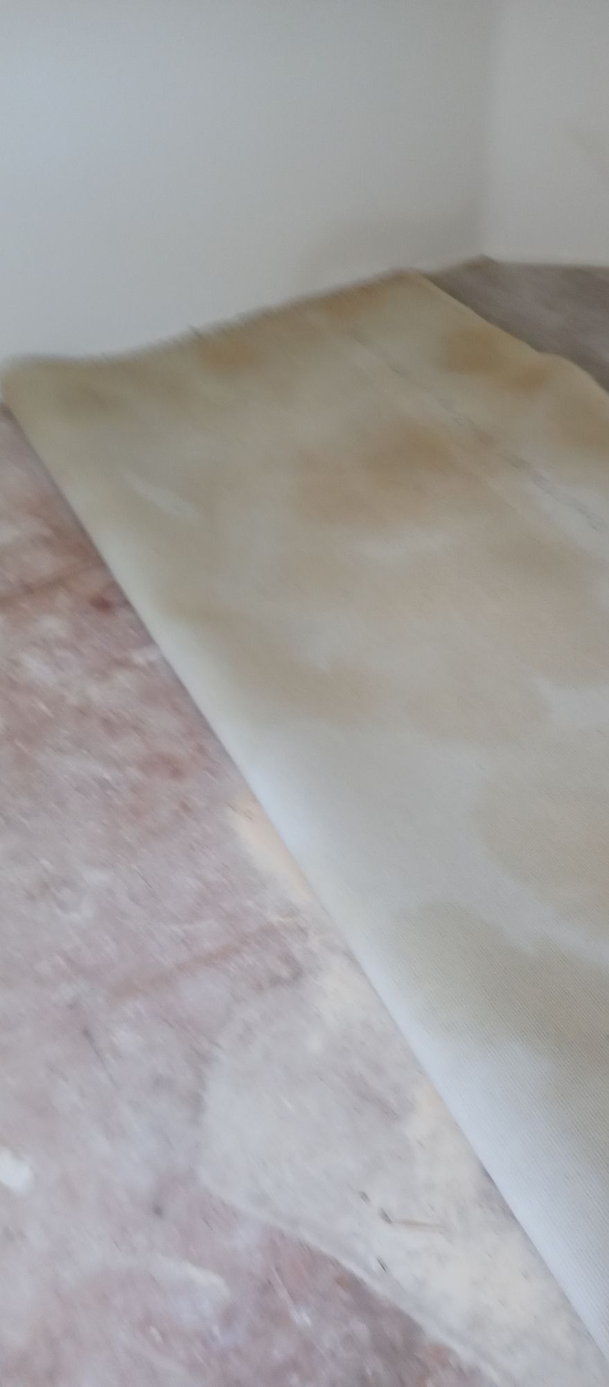 A piece of paper is laying on the floor in a room.