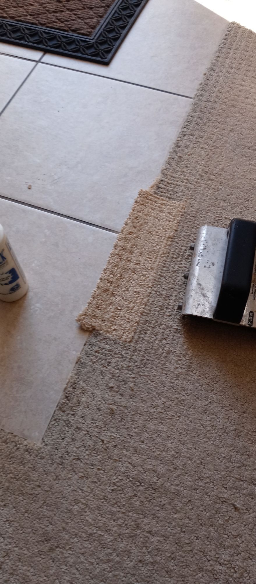 A broom is sitting on a carpet next to a door mat.