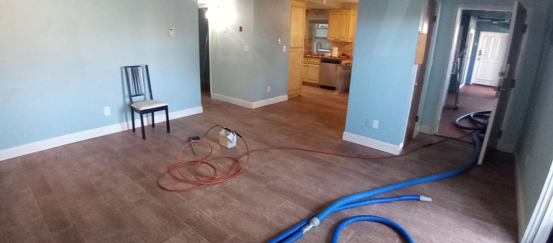 A living room with a chair and a vacuum hose on the floor.
