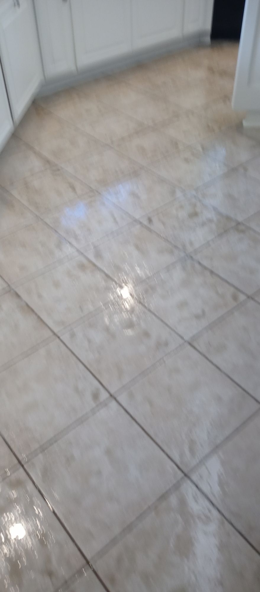 A tiled floor in a kitchen with white cabinets.