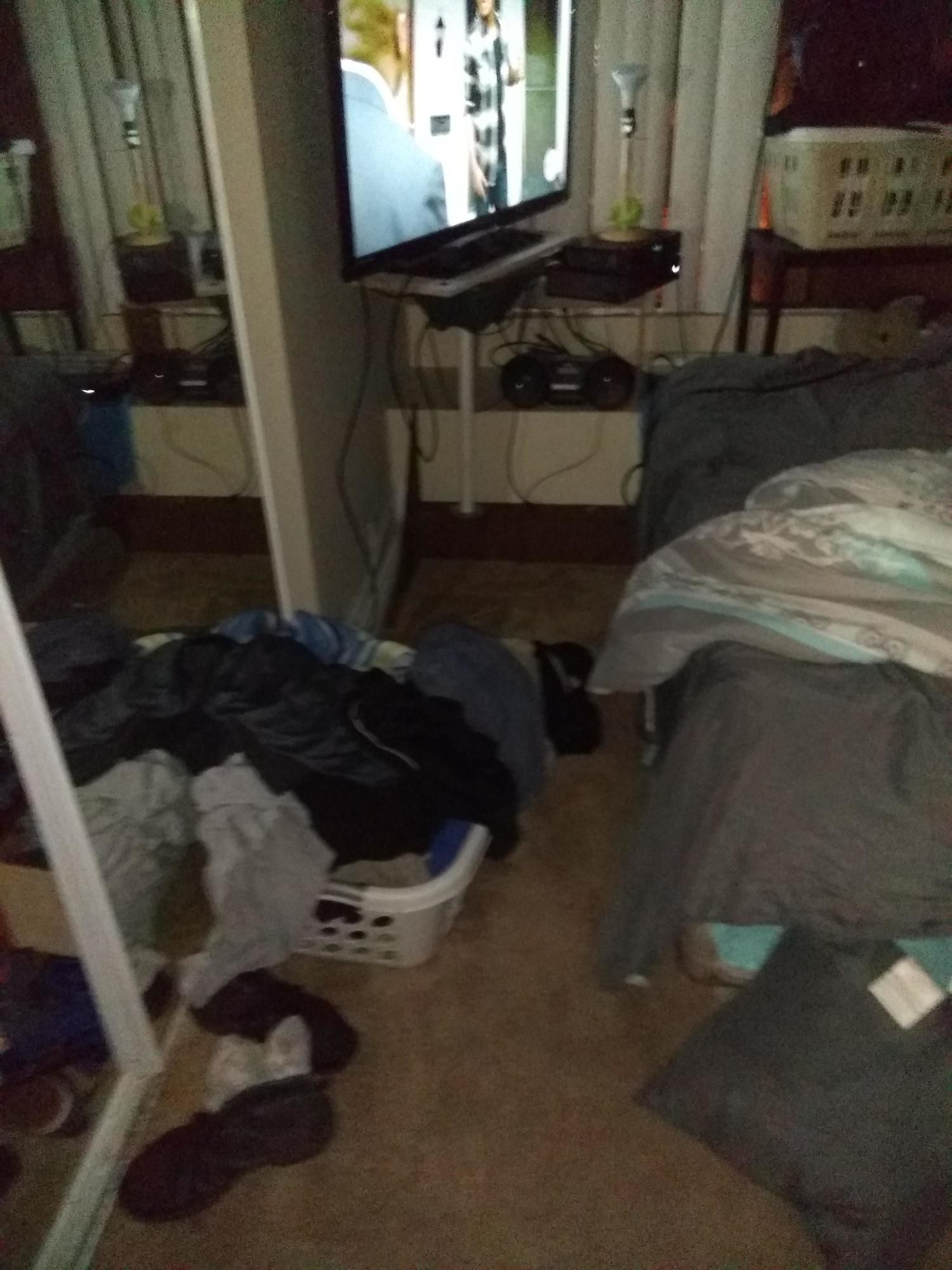 A bedroom with a bed , television , laundry basket and mirror.