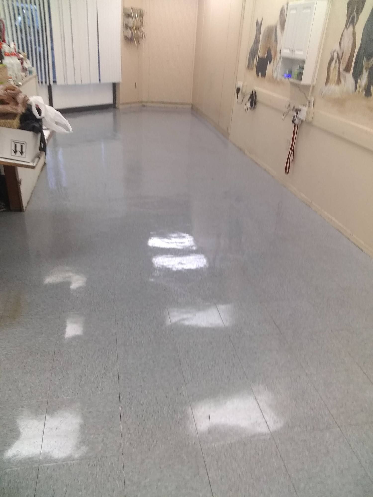 A large room with a gray floor and a white wall.