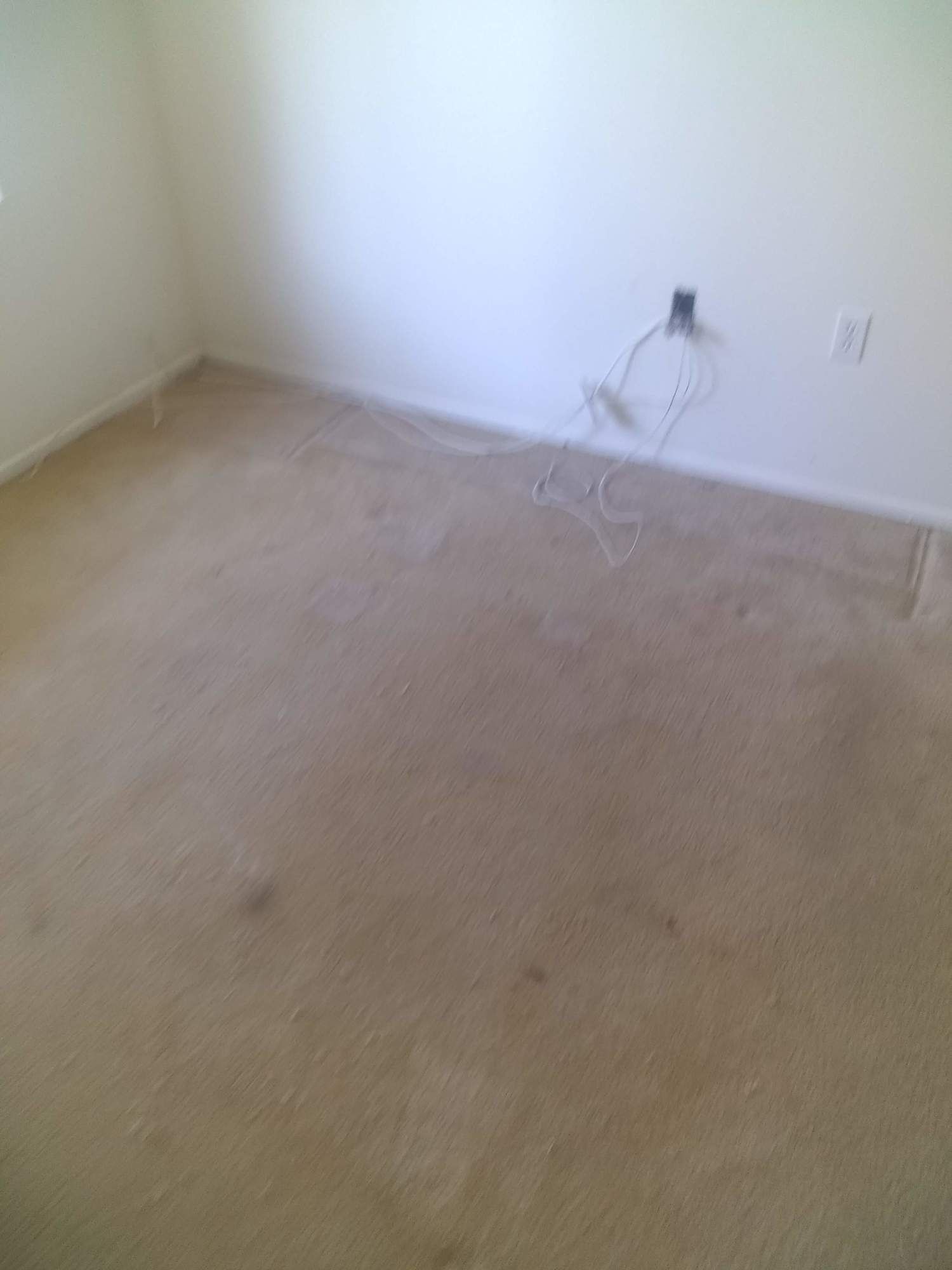 An empty room with a carpeted floor and a white wall.