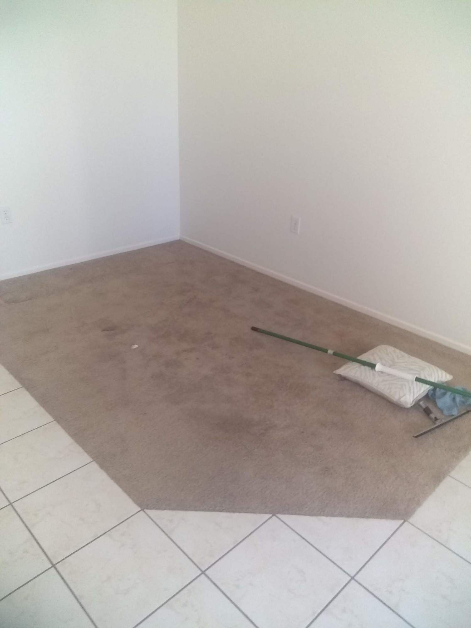 A mop is laying on the floor in an empty room.