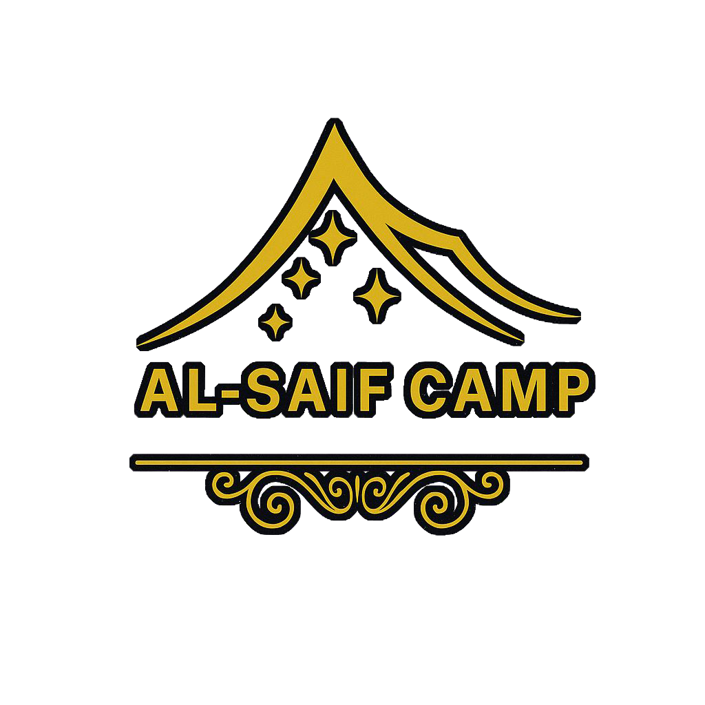 Logo for Al-Saif Camp, featuring a golden mountain and stars, with stylized text and decorative elements in black and gold.