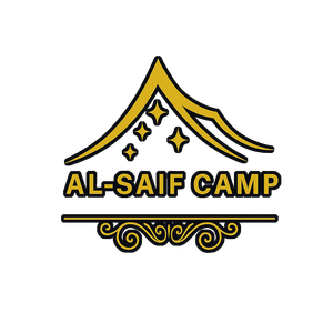 Logo for Al-Saif Camp, featuring a golden mountain and stars, with stylized text and decorative elements in black and gold.