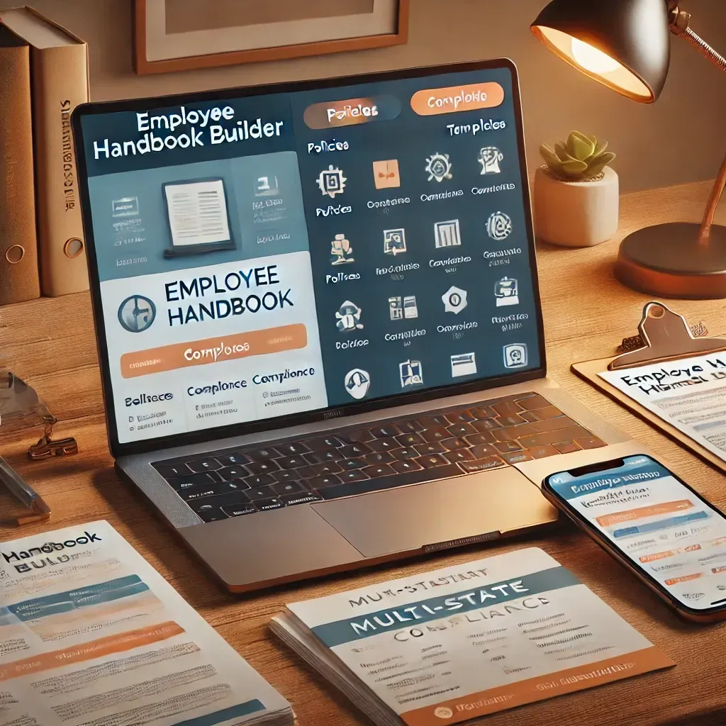 A professional desk setup showcasing an employee handbook builder on a laptop screen with sections like 