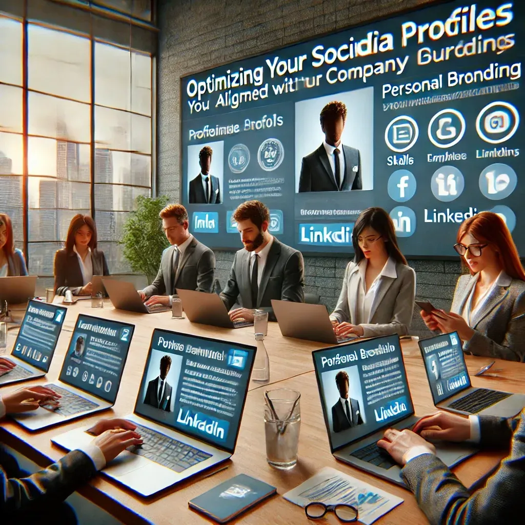 A professional setting where employees are optimizing their social media profiles on laptops and mobile devices. The profiles include professional photos, skills, and content aligned with the company's branding. A presentation screen displays tips on profile optimization and personal branding, emphasizing the importance of maintaining a cohesive online presence for both individuals and the business on platforms like LinkedIn and Twitter.