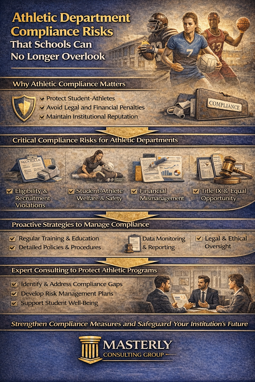 Infographic outlining athletic department compliance risks in schools, highlighting key issues such as eligibility violations, student-athlete safety, financial mismanagement, and Title IX concerns, along with proactive strategies like training, policy development, and legal oversight to protect programs and ensure institutional success.