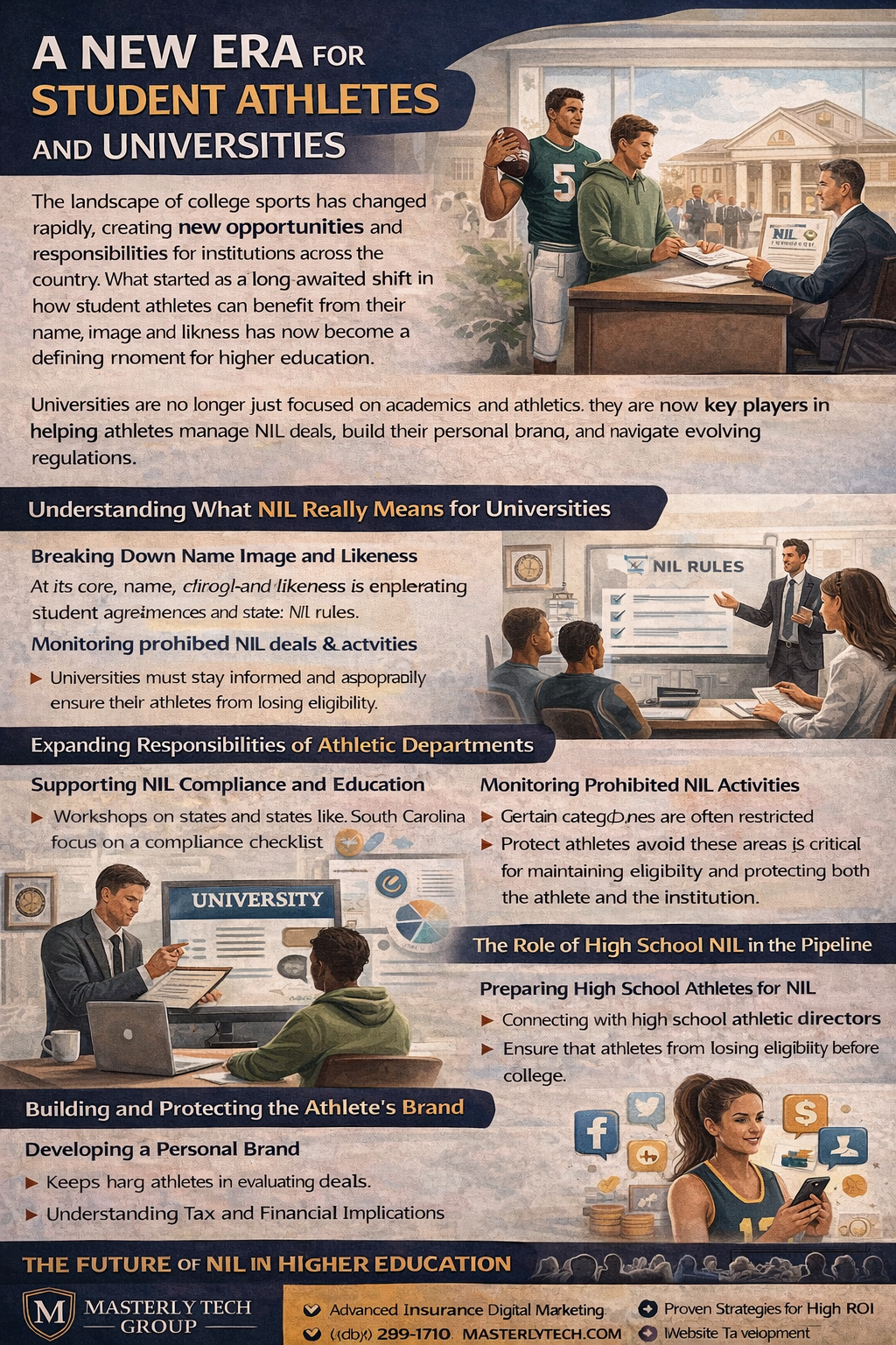 A New Era for Student Athletes and Universities.” It features student athletes and university staff discussing NIL (name, image, and likeness) opportunities, with a campus building in the background.
Sections explain how NIL has transformed college sports, allowing student athletes to earn money through endorsements and personal branding. It highlights the changing role of universities, which now help athletes manage NIL deals, understand contracts, and comply with NCAA and state rules.
Additional sections cover key topics such as NIL compliance and education, monitoring prohibited activities, and the growing influence of high school NIL in recruiting. The infographic also emphasizes building an athlete’s personal brand, understanding financial and tax implications, and the importance of legal guidance.
A final section looks at the future of NIL in higher education, noting continued growth, evolving regulations, and increased opportunities for student athletes. The footer includes branding from Masterly Tech Group and promotes digital and strategic support services.