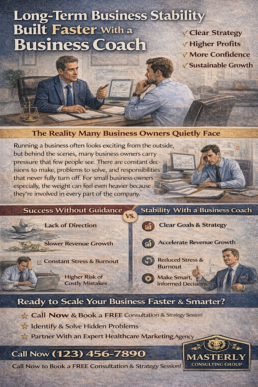 Long-Term Business Stability Built Faster with a Business Coach.” It shows a business owner meeting with a coach at a desk, discussing strategy and growth. Key benefits are highlighted, including clear strategy, higher profits, increased confidence, and sustainable growth.
A section describes the reality many business owners face, showing a stressed entrepreneur overwhelmed with work and decisions. Another section compares “Success Without Guidance” versus “Stability with a Business Coach,” illustrating challenges like lack of direction, slow revenue growth, burnout, and costly mistakes, contrasted with clear goals, faster growth, reduced stress, and smarter decision-making.
The infographic concludes with a call to action encouraging business owners to scale faster and smarter by booking a consultation, identifying hidden problems, and partnering with an expert, with branding for Masterly Consulting Group.