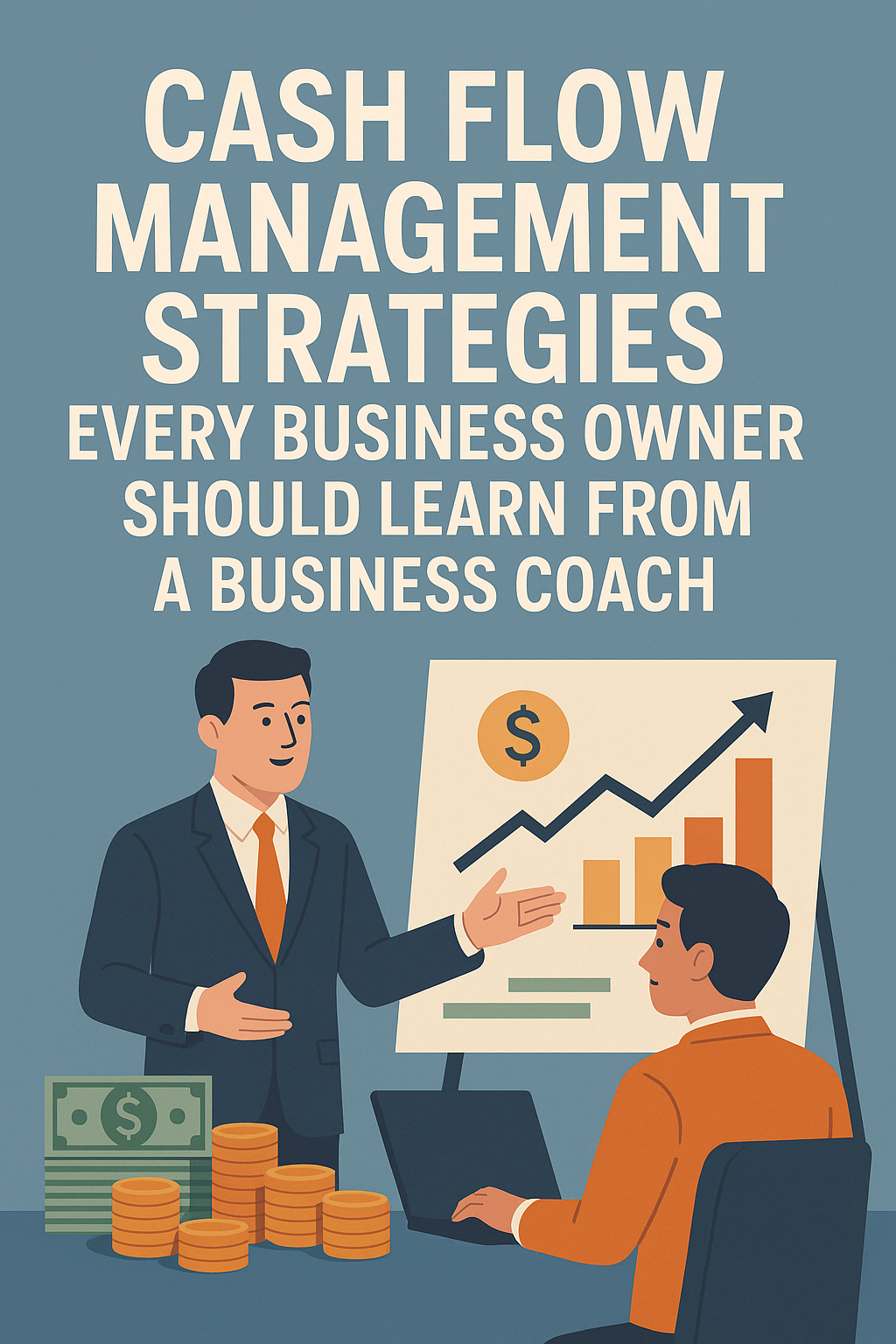 Illustration of a business coach in a navy suit explaining cash flow management strategies to a small business owner seated at a desk, with a financial growth chart, laptop, and stacks of money in the background. Bold white title above reads: 'Cash Flow Management Strategies Every Business Owner Should Learn from a Business Coach.' The image emphasizes financial planning, business coaching, and smart money management.