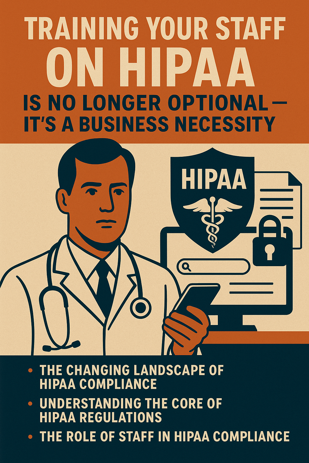 A retro-style illustrated poster showing a serious male healthcare professional in a white coat holding a smartphone, with a computer screen and HIPAA security symbols like a shield and padlock in the background. The bold headline emphasizes that training staff on HIPAA is no longer optional but a business necessity, with bullet points highlighting the changing HIPAA compliance landscape, understanding core regulations, and the critical role of staff. The color scheme features strong tones of orange, beige, navy blue, and white.