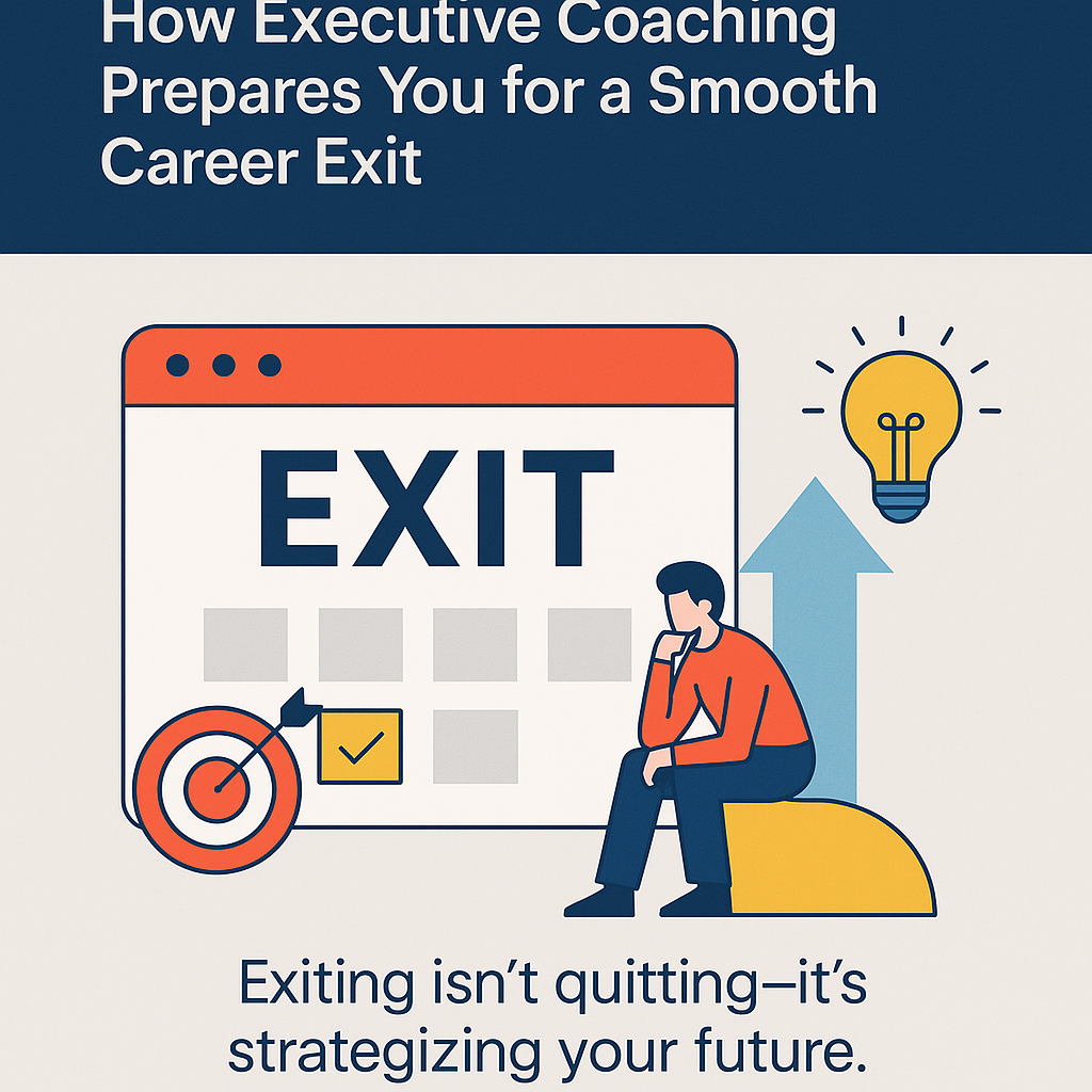 Illustration with the headline “How Executive Coaching Prepares You for a Smooth Career Exit” and subheading “Exiting isn’t quitting—it’s strategizing your future.” The image features a stylized calendar labeled “EXIT,” a man seated in contemplation next to an upward-pointing arrow, a target with a checkmark, and a glowing lightbulb—symbolizing goal-setting, thoughtful planning, and inspired leadership transitions. The visual emphasizes how executive coaching supports a confident, strategic career exit.
