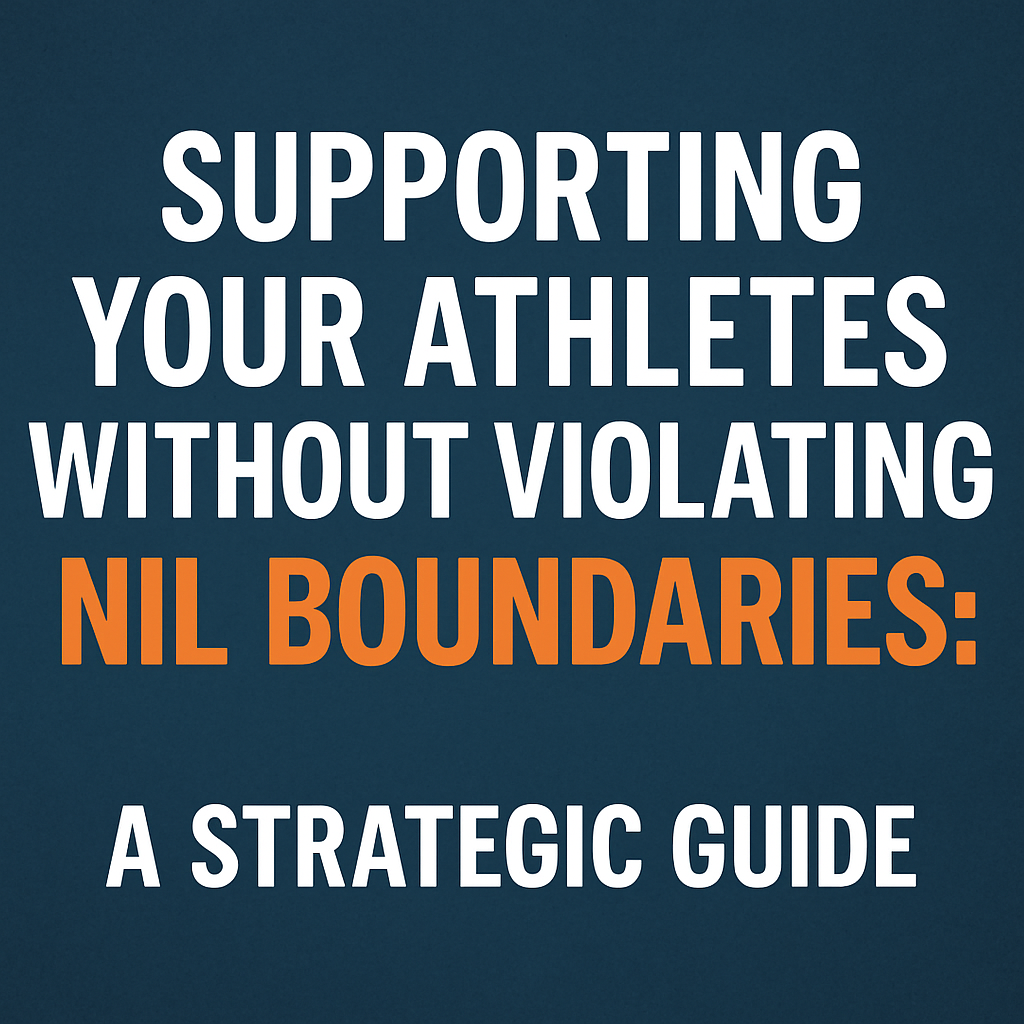 A 2D digital graphic design features a solid dark blue textured background with bold white and orange uppercase text. The top lines in white read: “SUPPORTING YOUR ATHLETES WITHOUT VIOLATING,” followed by “NIL BOUNDARIES:” in bold orange. Below, in white, it says: “A STRATEGIC GUIDE.” The layout uses high contrast and clean typography to emphasize the importance of NIL compliance in college athletics.