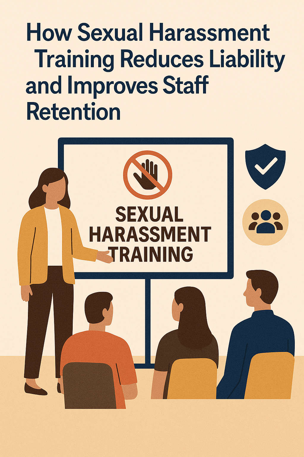 An illustrated poster with the title “How Sexual Harassment Training Reduces Liability and Improves Staff Retention” in dark blue on a beige background. Below, a female presenter in a mustard-yellow blazer gestures toward a large screen displaying a “no hand” warning symbol and the words “Sexual Harassment Training.” Three seated attendees face the presenter, while icons of a shield with a check mark and a group of people appear to the right, symbolizing safety and teamwork.