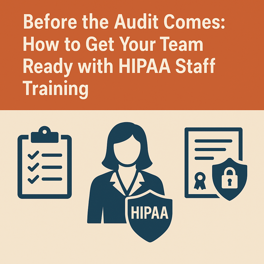Before the Audit Comes: How to Get Your Team Ready with HIPAA Staff Training' in bold white and blue text on an orange background. Below, three navy-blue icons on a beige background: a clipboard checklist, a female professional with a shield labeled 'HIPAA,' and a certificate document with a shield and padlock symbol.