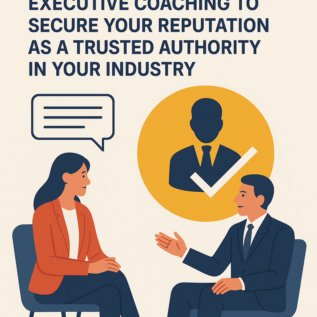 Illustration of an executive coaching session showing a professional woman in a red blazer and a man in a dark suit seated across from each other, engaged in conversation. Above them, a golden-yellow circle features a silhouette of a business professional with a large checkmark, symbolizing credibility and authority. At the top, bold text reads “Executive Coaching to Secure Your Reputation as a Trusted Authority in Your Industry.