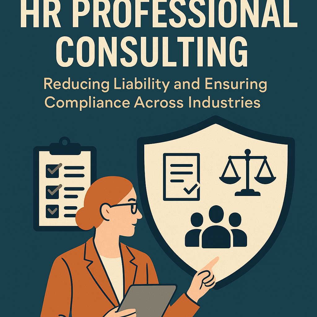 Flat-design illustration promoting HR professional consulting. At the top, bold white text reads “HR PROFESSIONAL CONSULTING” with the subtitle “Reducing Liability and Ensuring Compliance Across Industries.” The graphic shows a businesswoman with orange hair in a suit holding a tablet, pointing toward a large beige shield. Inside the shield are icons: a checklist, a scale of justice, and three employee silhouettes, symbolizing compliance, liability protection, and workforce management. A clipboard with checkmarks appears in the background, reinforcing themes of organization and HR consulting services.