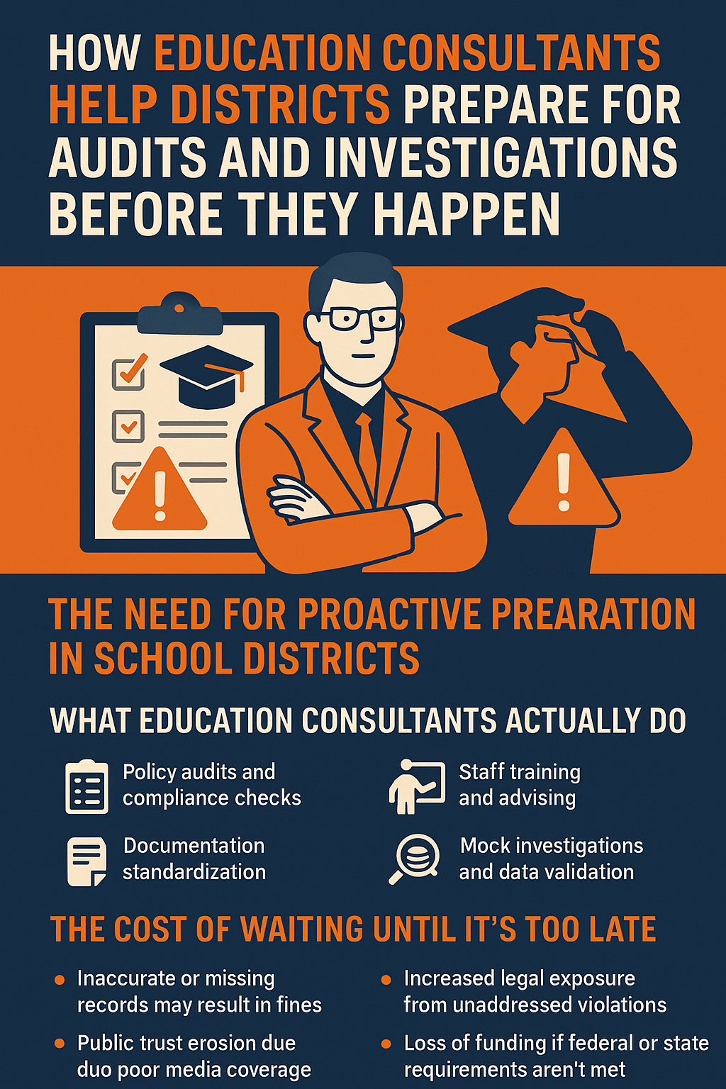 A bold digital infographic features the headline “How Education Consultants Help Districts Prepare for Audits and Investigations Before They Happen” in white and orange text against a navy background. Below it, illustrations include a clipboard with a graduation cap and warning symbol, a consultant in a suit with folded arms, and a worried administrator. The infographic highlights the need for proactive preparation in school districts and lists services provided by education consultants such as policy audits, compliance checks, staff training, documentation standardization, and mock investigations. It also outlines the risks of delayed preparation, including fines, legal exposure, public trust erosion, and funding loss.