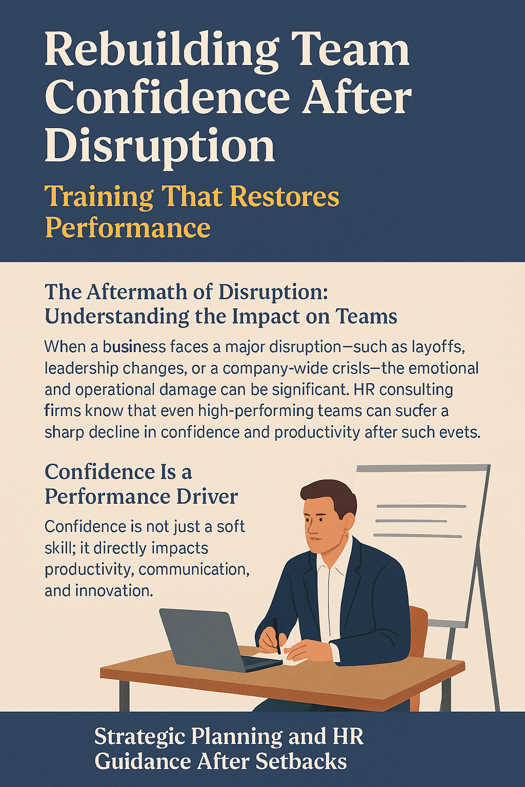 A digital informational graphic is divided into three sections. The top section features a navy blue background with bold white text that reads
