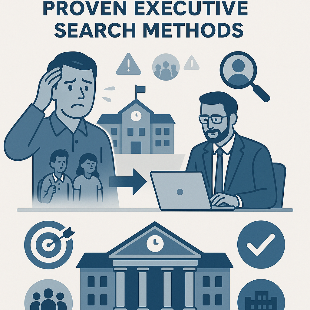 Illustration showing how schools under pressure turn to proven executive search methods. On the left, a worried school staff member stands beside a school building with warning icons indicating staffing challenges. An arrow points to the right, where a professional consultant in a suit works on a laptop, symbolizing expert guidance. Below, a large school building is shown with icons representing targeted hiring, community support, and successful leadership selection. The design uses blue and gray tones to convey urgency and structured problem-solving.