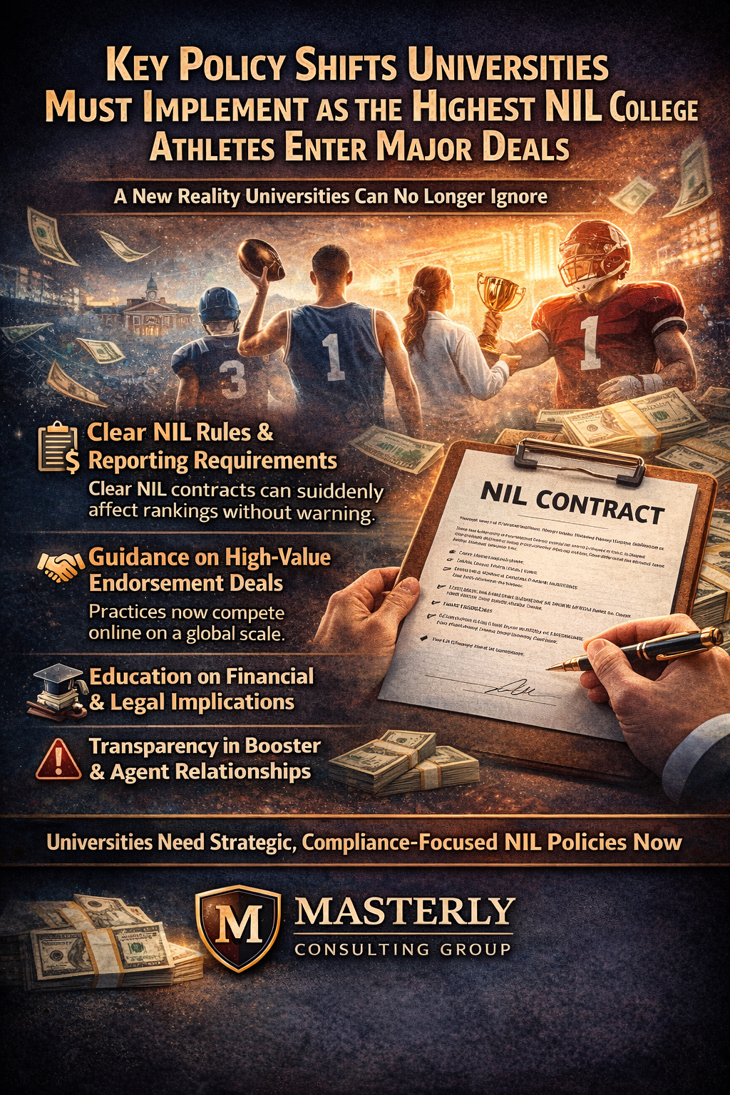 Key Policy Shifts Universities Must Implement as the Highest NIL College Athletes Enter Major Deals,” depicting college athletes in different sports with money and endorsement imagery surrounding them. A clipboard labeled “NIL Contract” is shown in the foreground, symbolizing oversight and compliance. Key callouts highlight clear NIL rules and reporting requirements, guidance on high-value endorsement deals, education on financial and legal implications, and transparency in booster and agent relationships. The Masterly Consulting Group logo appears at the bottom, emphasizing the need for strategic, compliance-focused NIL policies for universities.