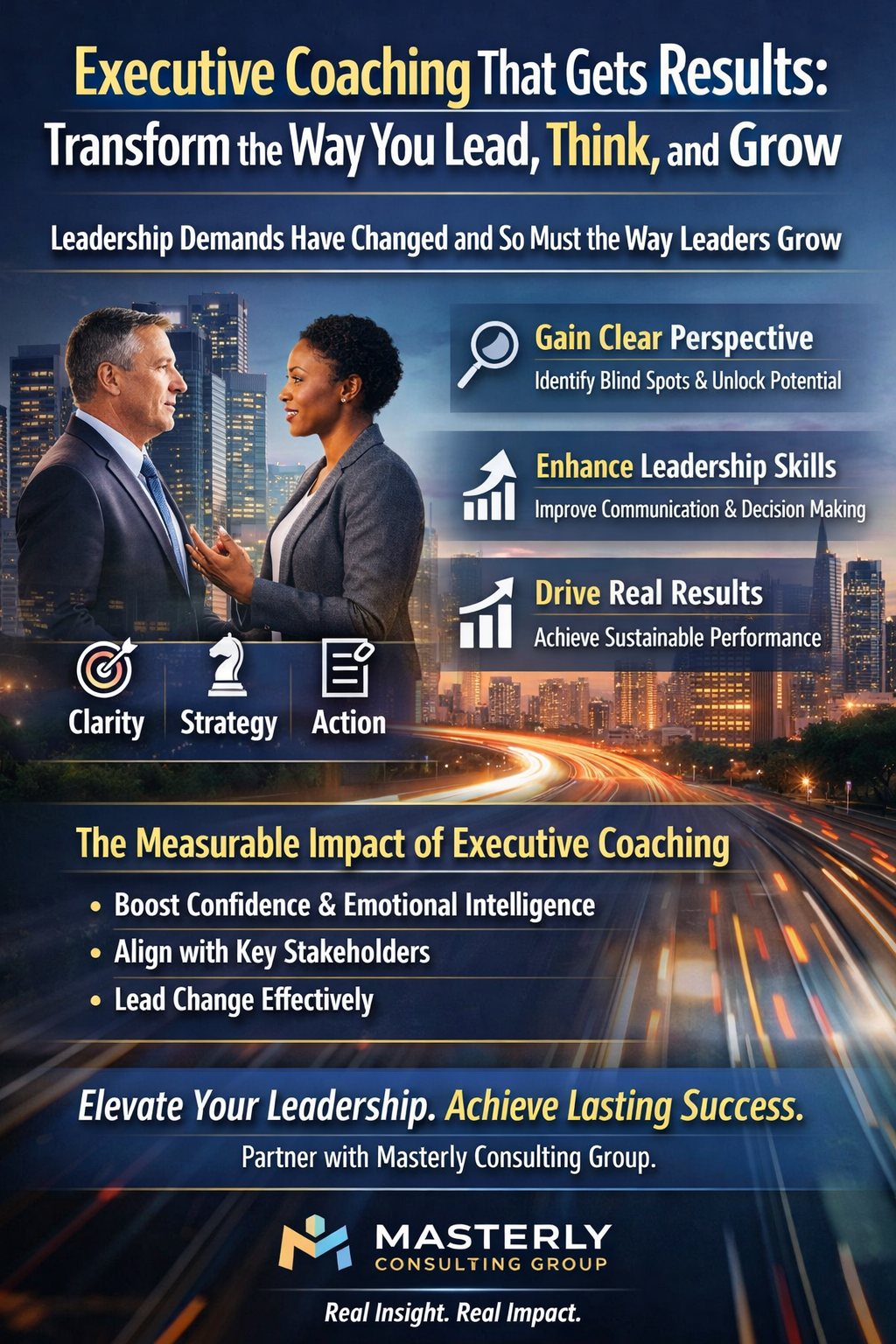 Promotional graphic for Masterly Consulting Group featuring two executives in a coaching conversation against a city skyline, highlighting executive coaching that delivers results with key themes of clarity, strategy, action, leadership growth, improved decision-making, emotional intelligence, and measurable business impact.