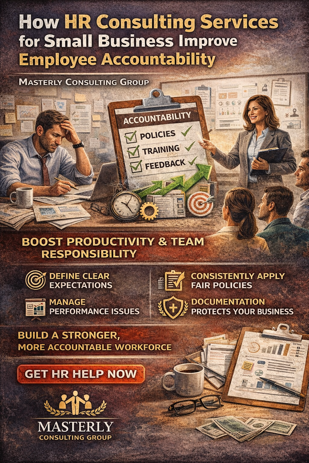Infographic illustrating how HR consulting services help small businesses improve employee accountability, showing a business owner receiving guidance from an HR consultant, a checklist labeled “Accountability” with policies, training, and feedback, and visuals representing performance management, consistent policies, documentation, and increased productivity.