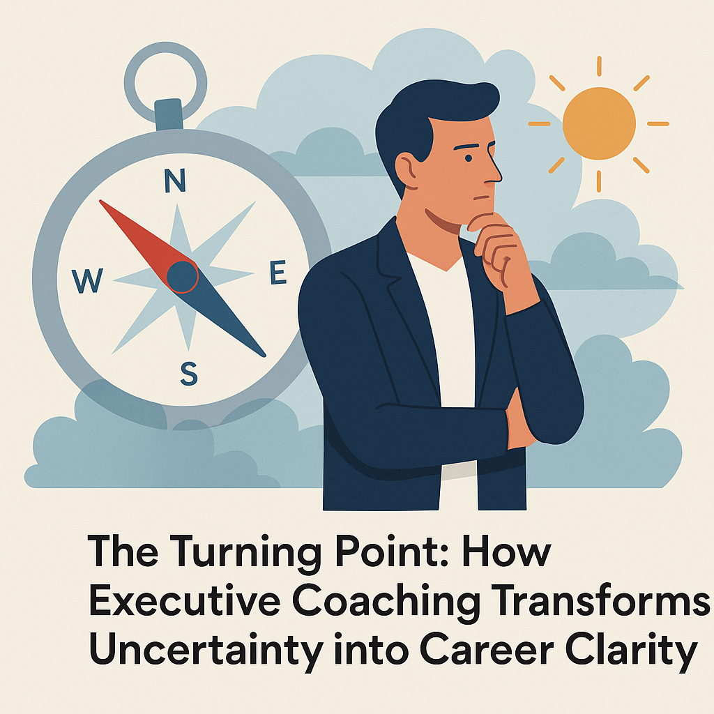 A professional digital illustration featuring a thoughtful man in a navy blazer standing beside a large compass, symbolizing direction and clarity. Soft blue clouds fill the background, with an orange sun shining in the upper right corner. Below the imagery is the title: ‘The Turning Point: How Executive Coaching Transforms Uncertainty into Career Clarity.