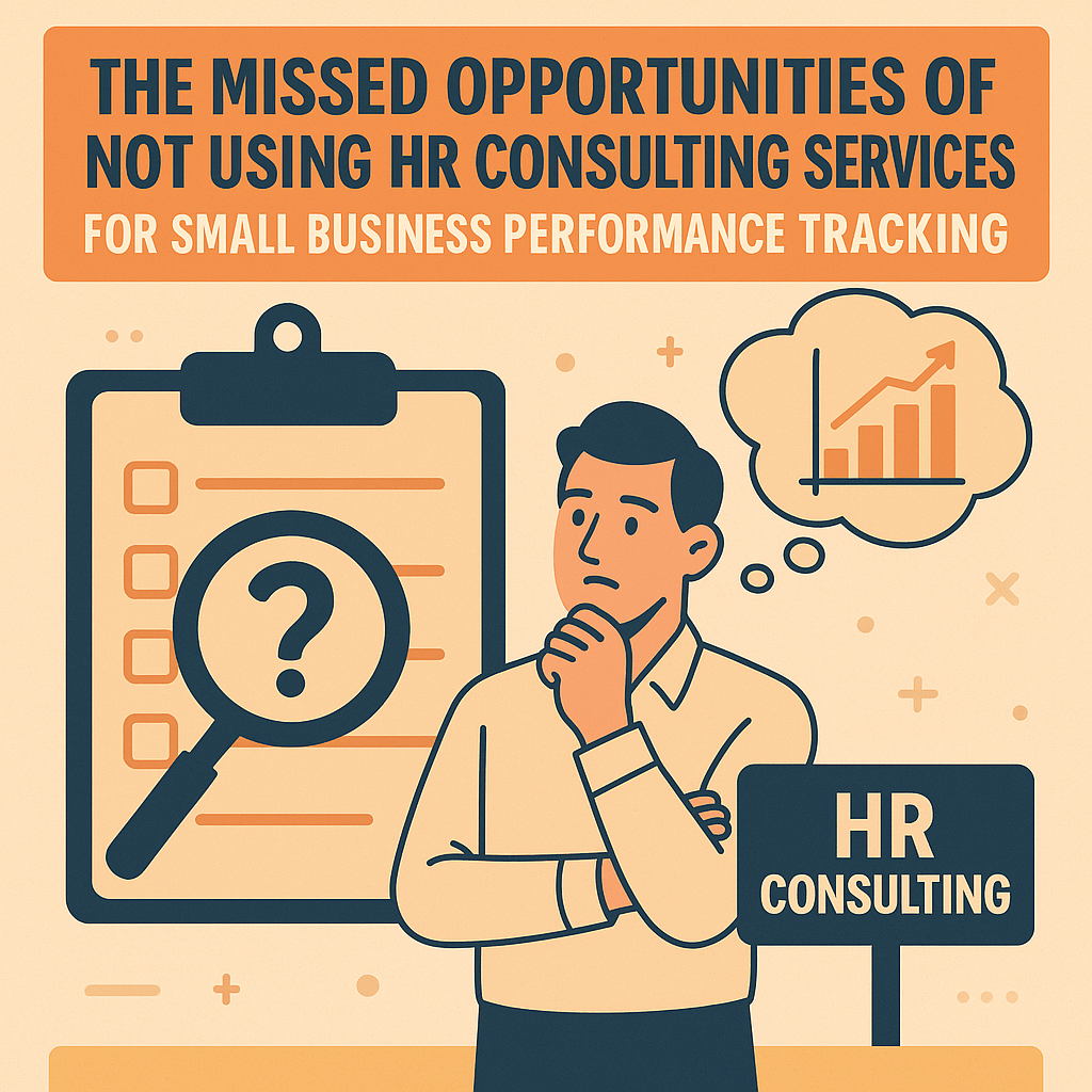 Flat-style digital illustration showing a thoughtful small business owner standing beside a large clipboard with empty checkboxes and a magnifying glass highlighting a question mark, symbolizing missing performance data. A thought bubble above the owner displays an upward-trending bar graph, representing desired growth. A sign labeled ‘HR Consulting’ stands next to him. At the top, bold text reads: ‘The Missed Opportunities of Not Using HR Consulting Services for Small Business Performance Tracking.’ The color palette features warm neutrals and orange accents.