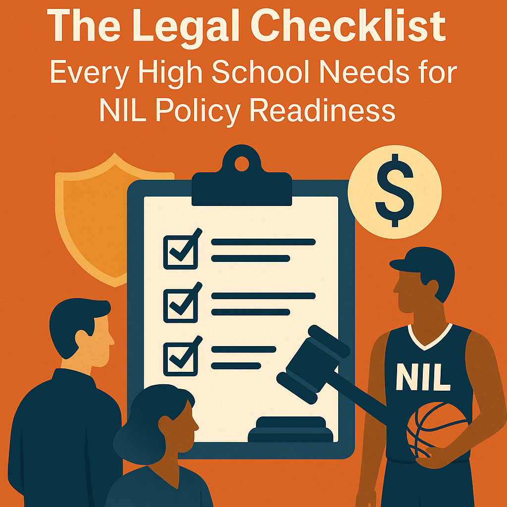 The Legal Checklist Every High School Needs for NIL Policy Readiness’ on an orange background, representing compliance, student guidance, and policy preparation.