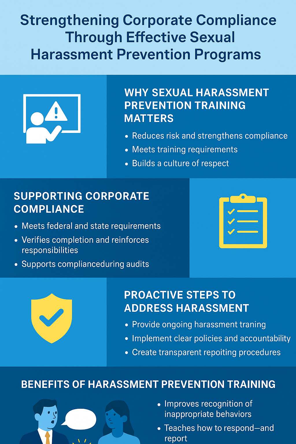 Infographic titled ‘Strengthening Corporate Compliance Through Effective Sexual Harassment Prevention Programs,’ summarizing why prevention training matters, how it supports compliance, proactive steps to address harassment, and key benefits of training, with simple icons and a blue color scheme.