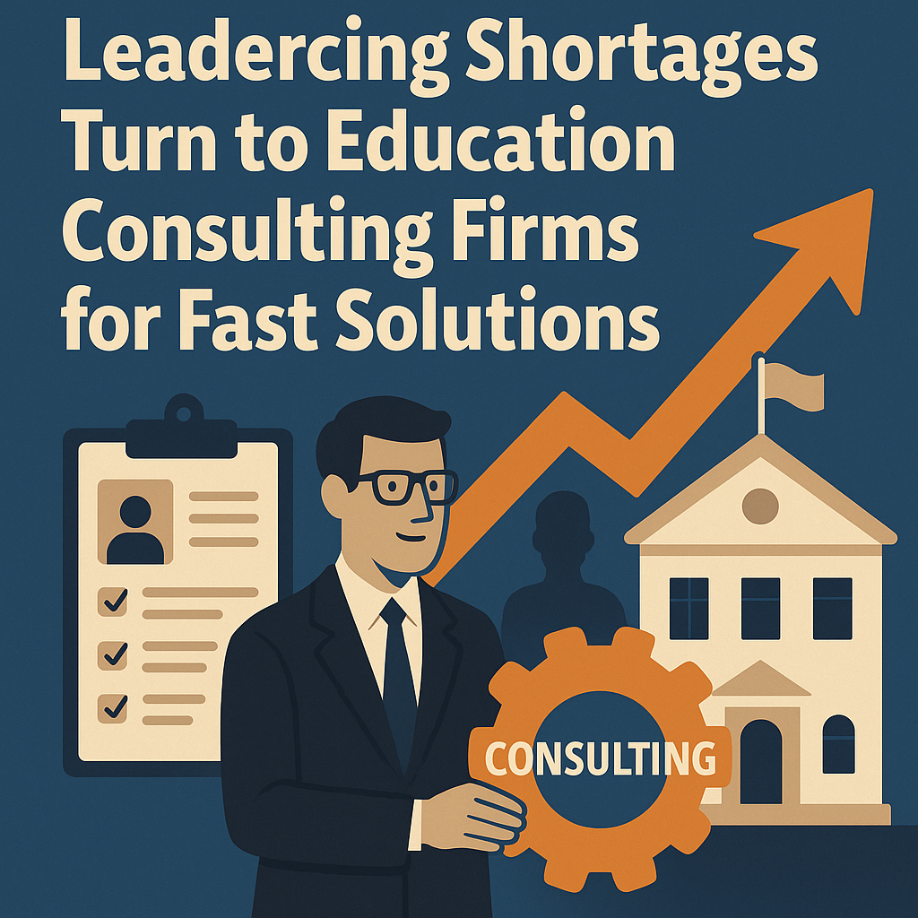 Schools Facing Leadership Shortages Turn to Education Consulting Firms for Fast Solutions” in large cream-colored text on a deep blue background. The graphic shows a professional education consultant in a dark suit holding an orange gear labeled “Consulting.
