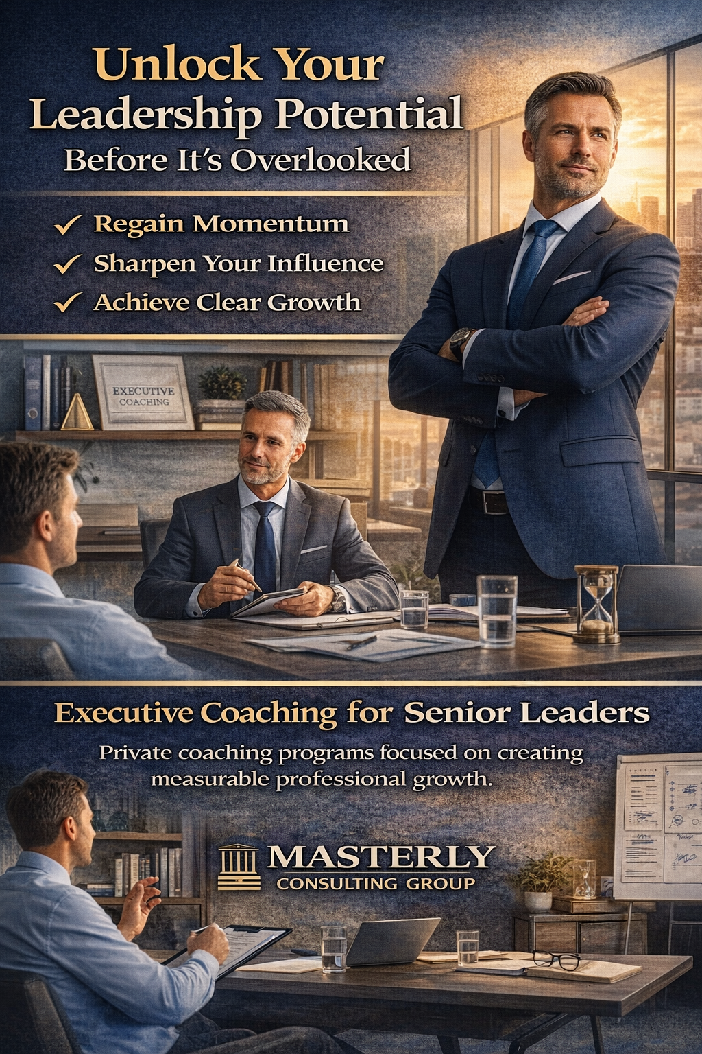 Unlock Your Leadership Potential Before It’s Overlooked” by Masterly Consulting Group. The image shows a confident senior executive standing in a modern office with a city skyline view, while another executive coach sits at a table in discussion with a client. Text highlights benefits such as regaining momentum, sharpening influence, and achieving clear growth. The bottom section promotes executive coaching for senior leaders and features the Masterly Consulting Group logo.