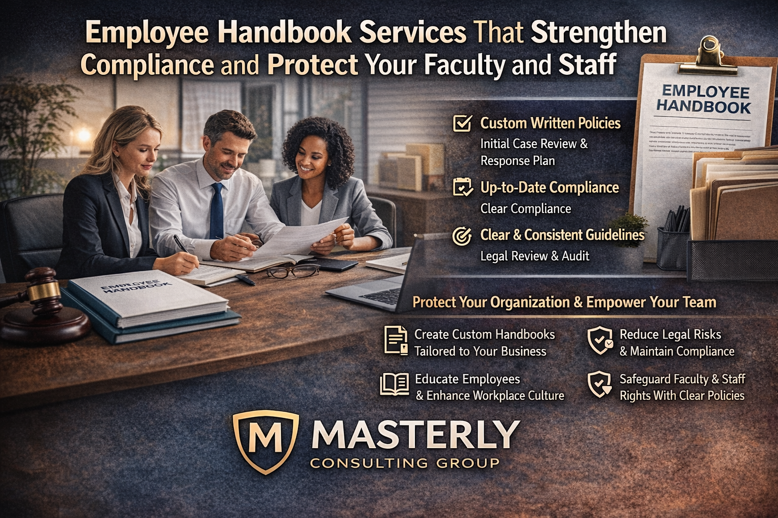 Employee Handbook Services That Strengthen Compliance and Protect Your Faculty and Staff.” The image shows three professionals reviewing documents together at a conference table in a modern office setting. On the right, a clipboard labeled “Employee Handbook” is displayed above organized folders and office supplies. Highlighted service points include custom written policies, up-to-date compliance, and clear, consistent guidelines with legal review. A section at the bottom emphasizes protecting organizations, reducing legal risks, maintaining compliance, and safeguarding faculty and staff rights. The Masterly Consulting Group logo appears prominently at the bottom of the design.