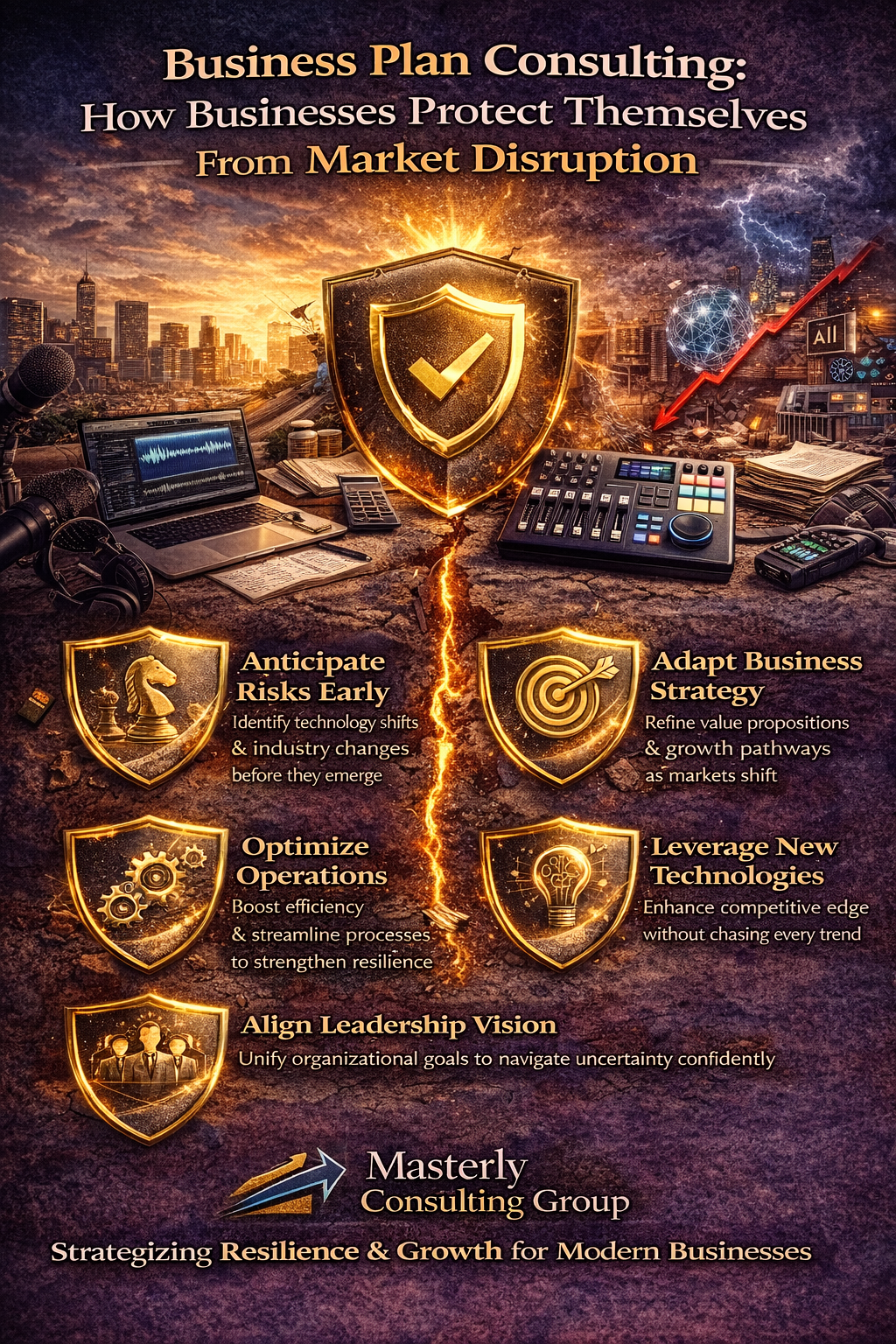 Business Plan Consulting: How Businesses Protect Themselves From Market Disruption.” The design shows a dramatic split cityscape: on the left, a bright and thriving skyline; on the right, a stormy scene with lightning, a downward red arrow, and symbols of artificial intelligence and economic decline. A glowing crack runs down the center, symbolizing market disruption.
In the middle is a large gold shield with a checkmark, representing protection through strategic planning. Surrounding the shield are five smaller shield icons labeled: “Anticipate Risks Early” (identify technology shifts and industry changes), “Adapt Business Strategy” (refine value propositions and growth pathways), “Optimize Operations” (boost efficiency and streamline processes), “Leverage New Technologies” (enhance competitive edge), and “Align Leadership Vision” (unify organizational goals to navigate uncertainty).
At the bottom appears the Masterly Consulting Group logo with the tagline “Strategizing Resilience & Growth for Modern Businesses.