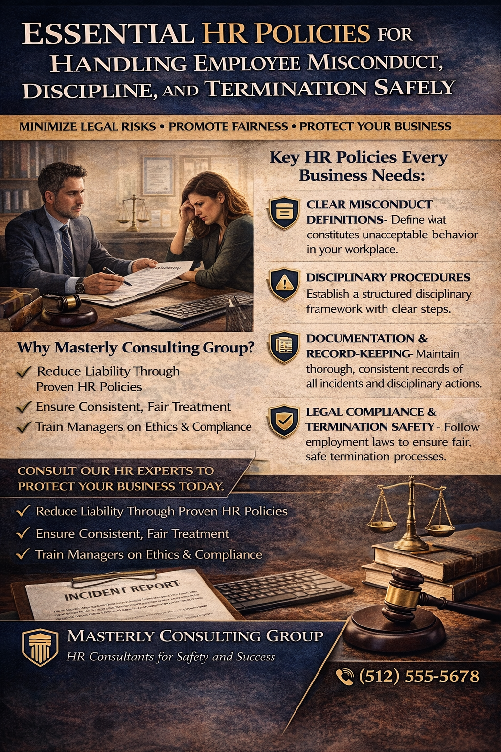 Essential HR Policies for Handling Employee Misconduct, Discipline, and Termination Safely.” The design features a business setting where a manager and an employee review documents at a desk, with legal symbols such as scales of justice and a gavel in the background. The poster outlines key HR policies, including clear misconduct definitions, structured disciplinary procedures, documentation and record-keeping, and legal compliance for safe termination. It highlights benefits such as reducing liability, ensuring fair treatment, and training managers on ethics and compliance. At the bottom, Masterly Consulting Group is identified as HR consultants for safety and success, with a contact phone number displayed.