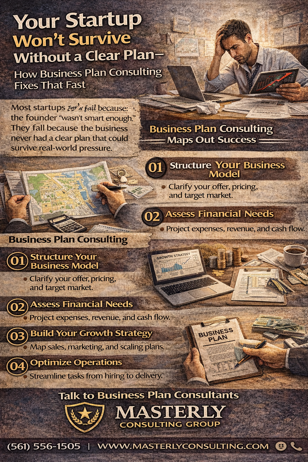 Your Startup Won’t Survive Without a Clear Plan—How Business Plan Consulting Fixes That Fast,” showing a stressed startup founder at a desk and outlining key consulting steps like structuring the business model, assessing financial needs, building a growth strategy, and optimizing operations, with Masterly Consulting Group branding and contact information.