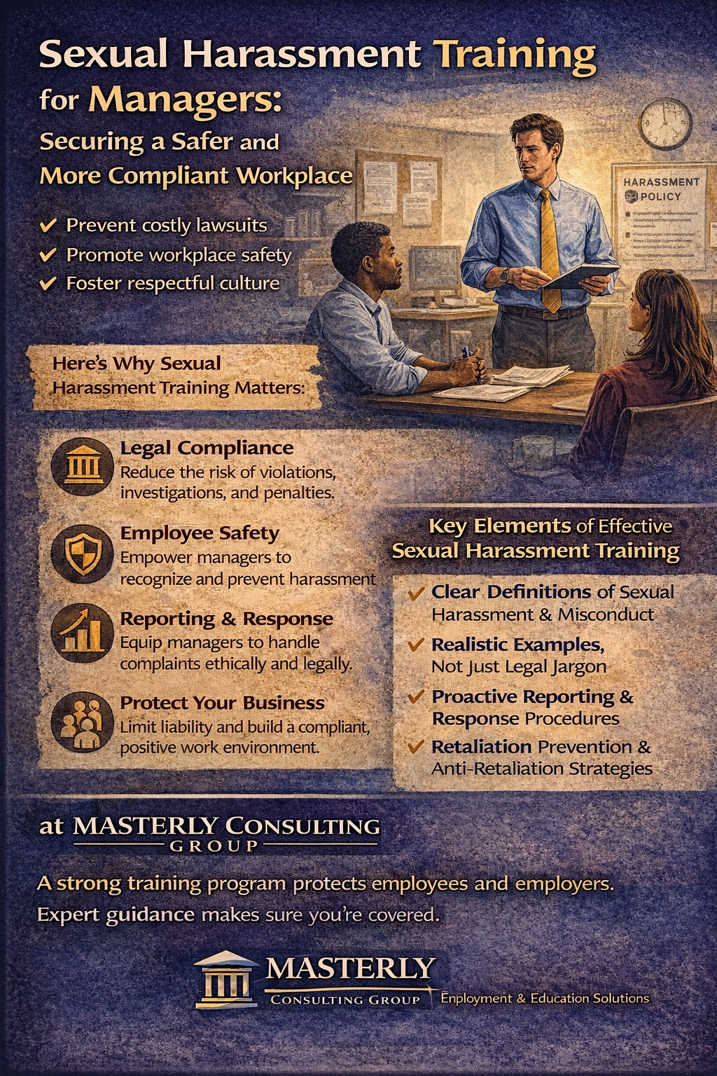 Sexual Harassment Training for Managers: Securing a Safer and More Compliant Workplace.” A manager stands in an office meeting with two employees while a “Harassment Policy” poster is visible on the wall. The infographic highlights benefits of manager training, including preventing costly lawsuits, promoting workplace safety, and fostering a respectful culture. A section labeled “Here’s Why Sexual Harassment Training Matters” lists legal compliance, employee safety, reporting and response procedures, and protecting the business. Another section titled “Key Elements of Effective Sexual Harassment Training” includes clear definitions of harassment and misconduct, realistic examples (not just legal jargon), proactive reporting and response procedures, and retaliation prevention strategies. Masterly Consulting Group branding appears at the bottom with a message that strong training protects both employees and employers.