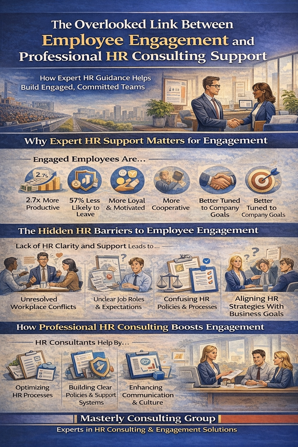 The Overlooked Link Between Employee Engagement and Professional HR Consulting Support’ showing workplace scenes, charts, and HR icons. The graphic explains how professional HR consulting improves employee engagement by strengthening HR processes, clarifying roles, supporting compliance, and aligning people strategies with business goals. Branded by Masterly Consulting Group.