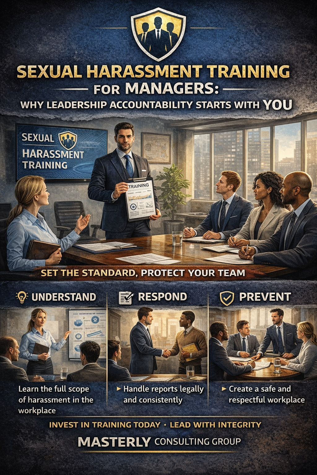 Professional workplace training infographic showing managers participating in sexual harassment training. A leader stands at a conference table presenting training materials to a diverse group of professionals in a modern office setting. Headline text reads “Sexual Harassment Training for Managers: Why Leadership Accountability Starts With You.” Supporting sections emphasize understanding harassment, responding appropriately, and preventing workplace misconduct. The image highlights leadership responsibility, compliance, and creating a safe, respectful workplace, with Masterly Consulting Group branding at the bottom.