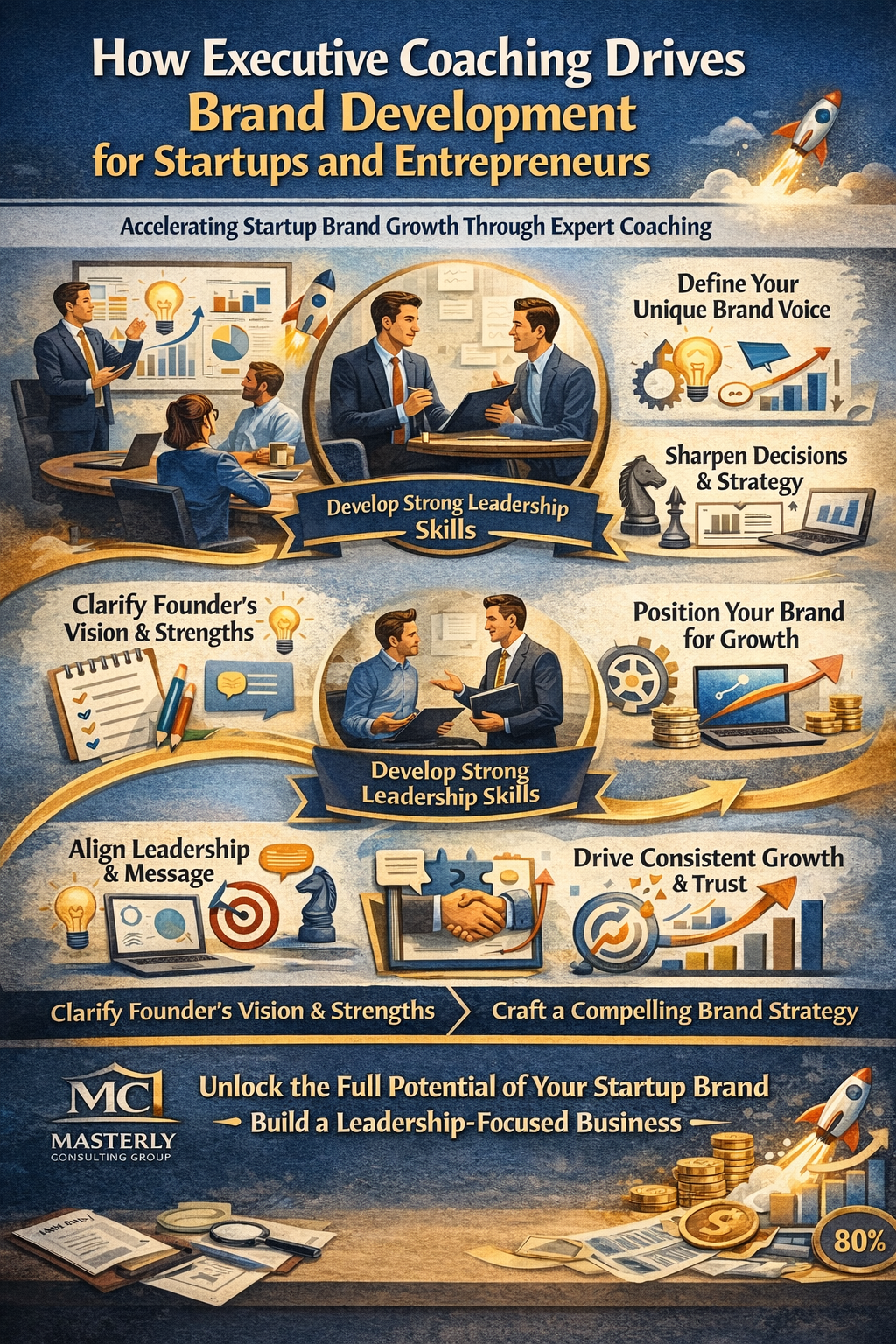 How Executive Coaching Drives Brand Development for Startups and Entrepreneurs” featuring startup leaders in coaching sessions, rockets and growth charts, and key steps like defining a unique brand voice, sharpening strategy, clarifying the founder’s vision, aligning leadership and messaging, positioning for growth, and driving consistent trust, with Masterly Consulting Group branding at the bottom.