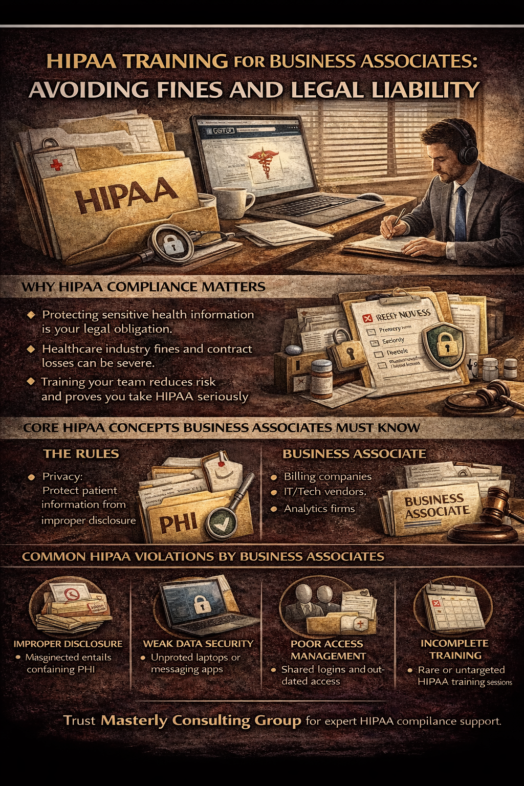 HIPAA Training for Business Associates: Avoiding Fines and Legal Liability” showing a professional office scene with HIPAA files, a laptop, and a compliance checklist. The graphic explains why HIPAA compliance matters for vendors handling protected health information, outlines core HIPAA concepts like privacy and PHI protection, and lists common violations such as improper disclosure, weak data security, poor access management, and incomplete training. It emphasizes that consistent training helps prevent fines, contract loss, and legal liability, with Masterly Consulting Group branding at the bottom.