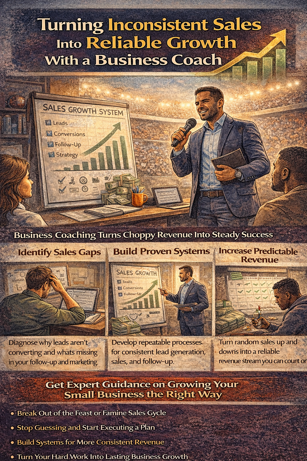 Infographic showing a business coach helping an entrepreneur turn inconsistent sales into reliable growth using lead generation, follow-up systems, and a structured sales strategy.