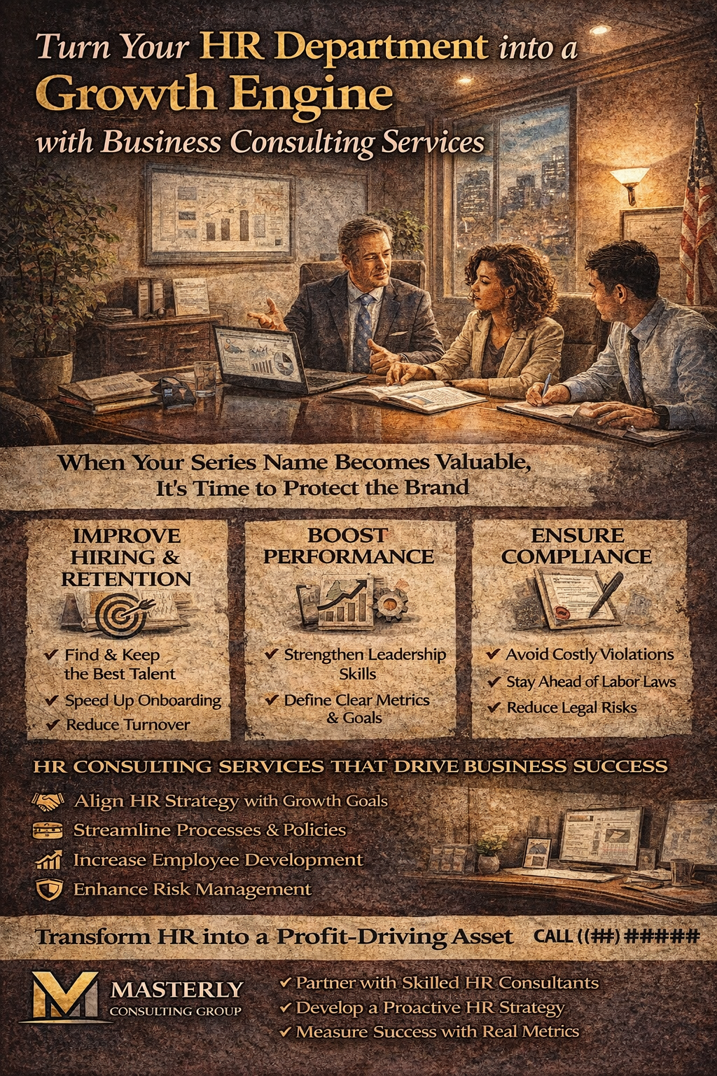 Turn Your HR Department into a Growth Engine with Business Consulting Services” showing three business professionals meeting in an office, with sections highlighting ways HR consulting can improve hiring and retention, boost performance, and ensure compliance, and a call-to-action for Masterly Consulting Group at the bottom.