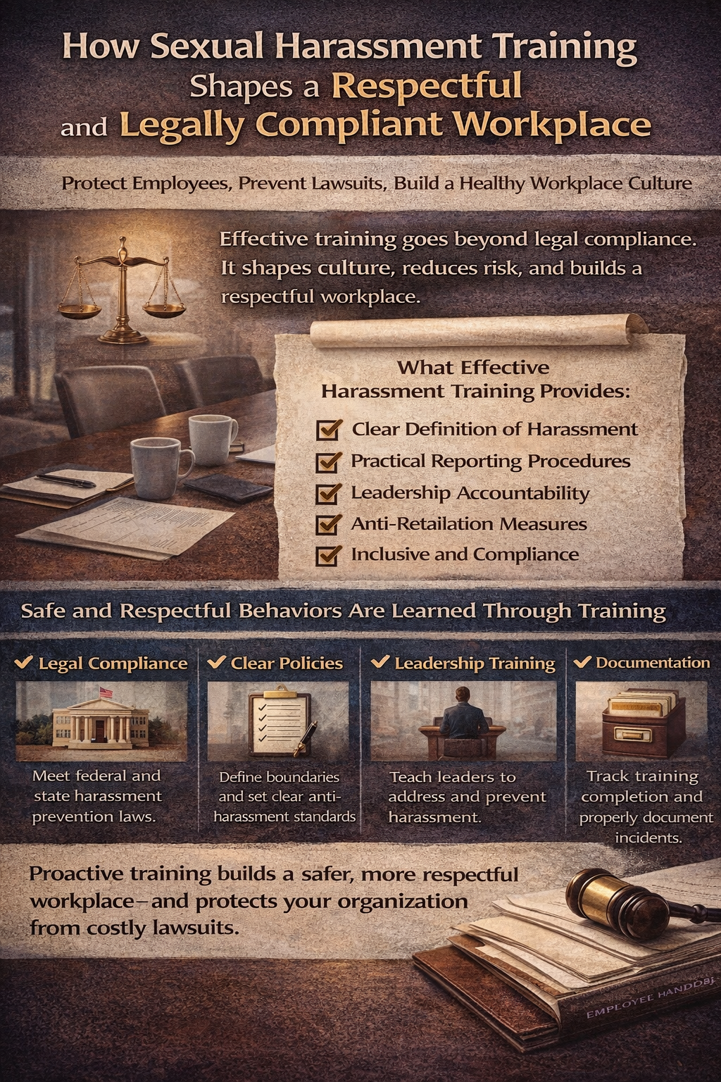 Infographic on how sexual harassment training improves workplace respect, compliance, reporting procedures, and leadership accountability.